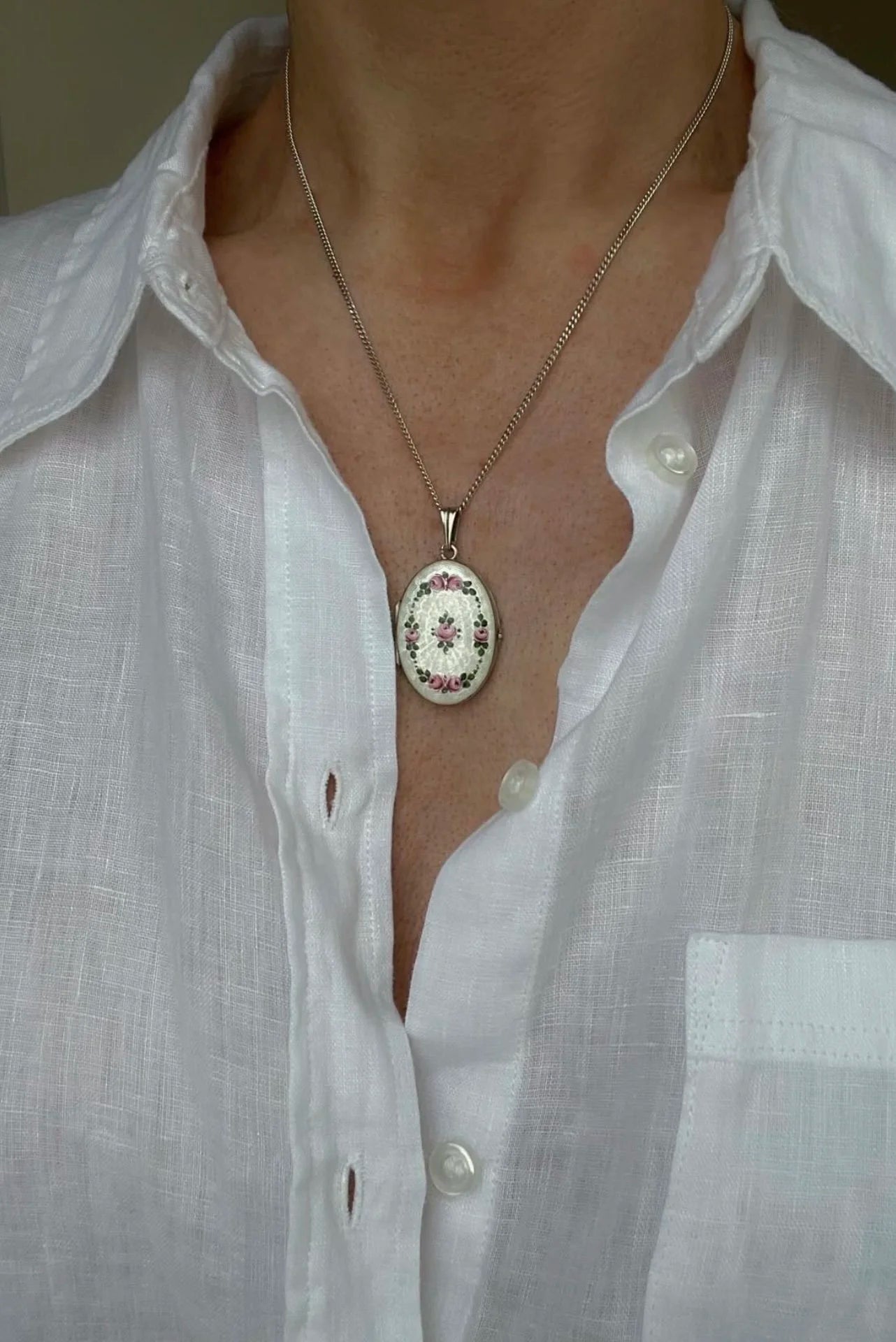 Heartbreakingly Lovely French Locket w Flower Enamel Sterling Silver 1800s