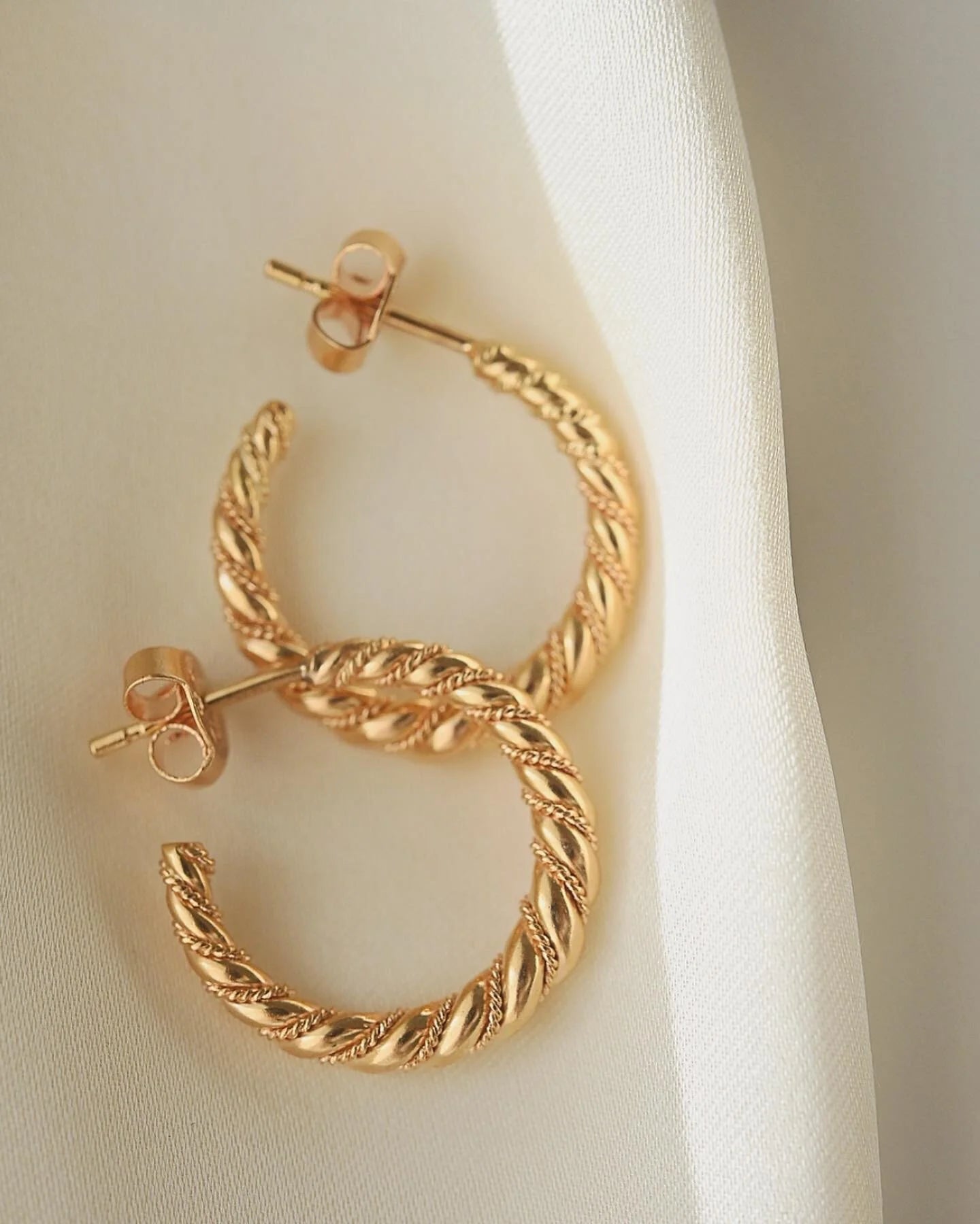 Solid Through and Through Twist Hoops 18K Gold Mid Century