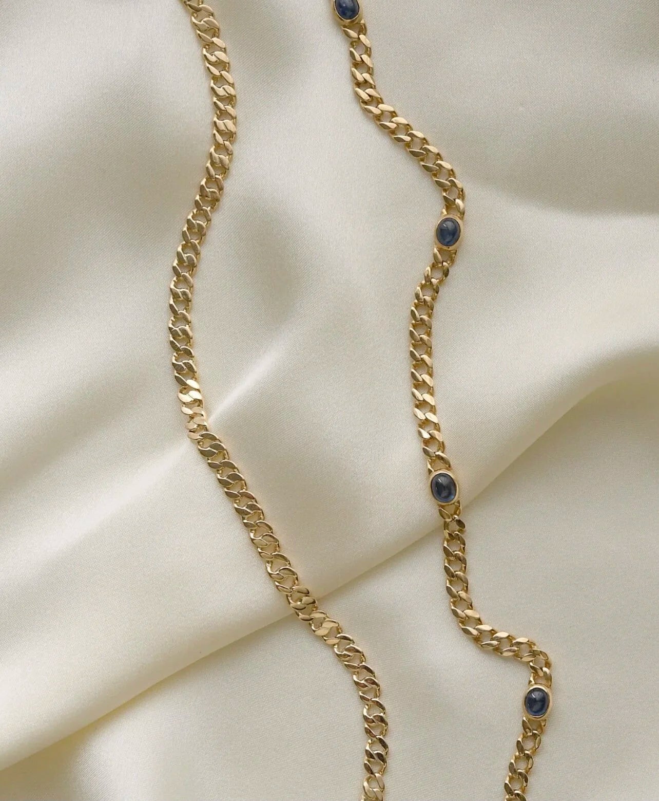 Vintage Curb Link Bracelet or Chain Extender w Sapphires 14K Gold 1980s