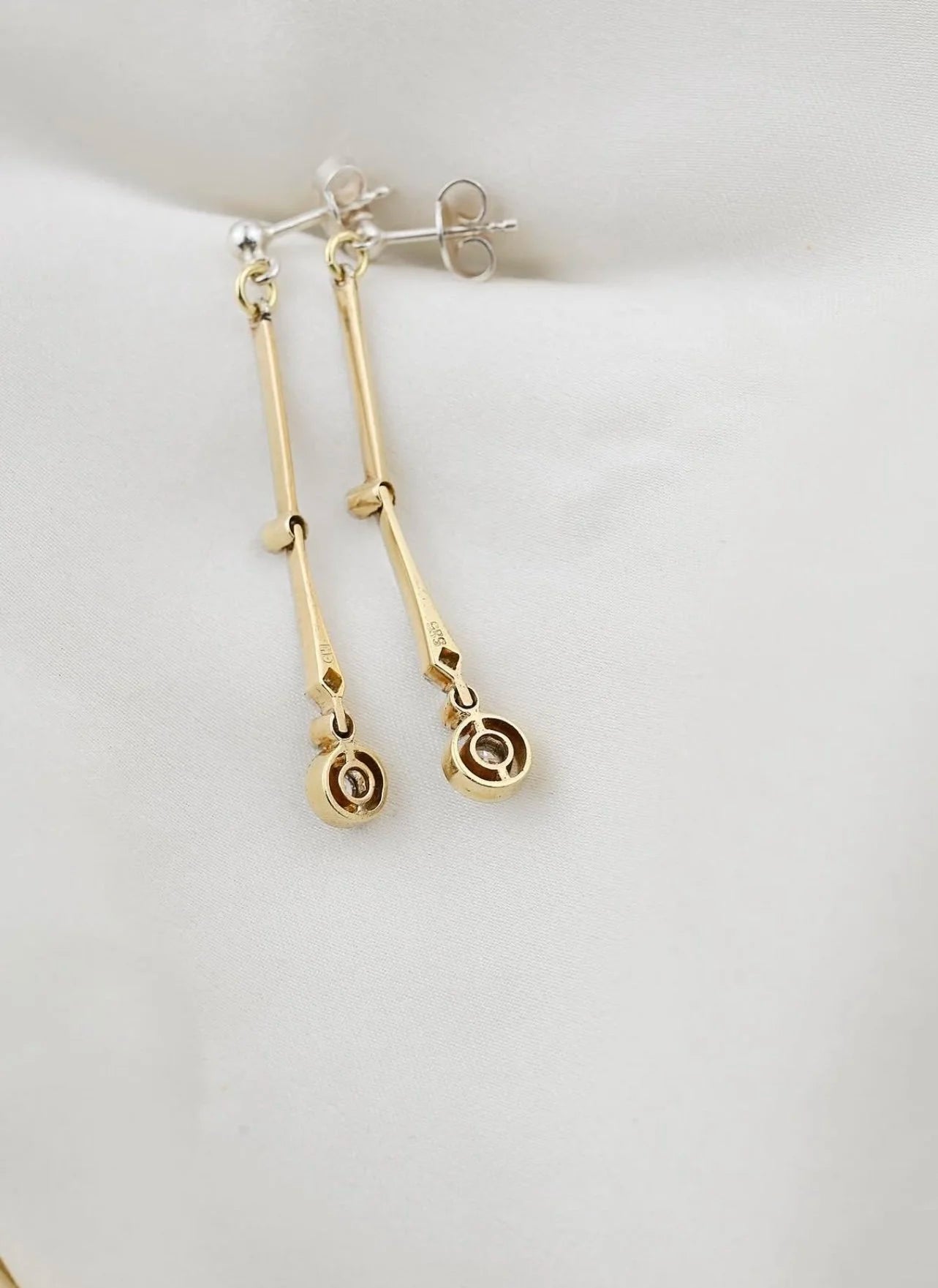 Long Architectural Antique Art Deco Diamonds Earrings 14K Gold x Silver