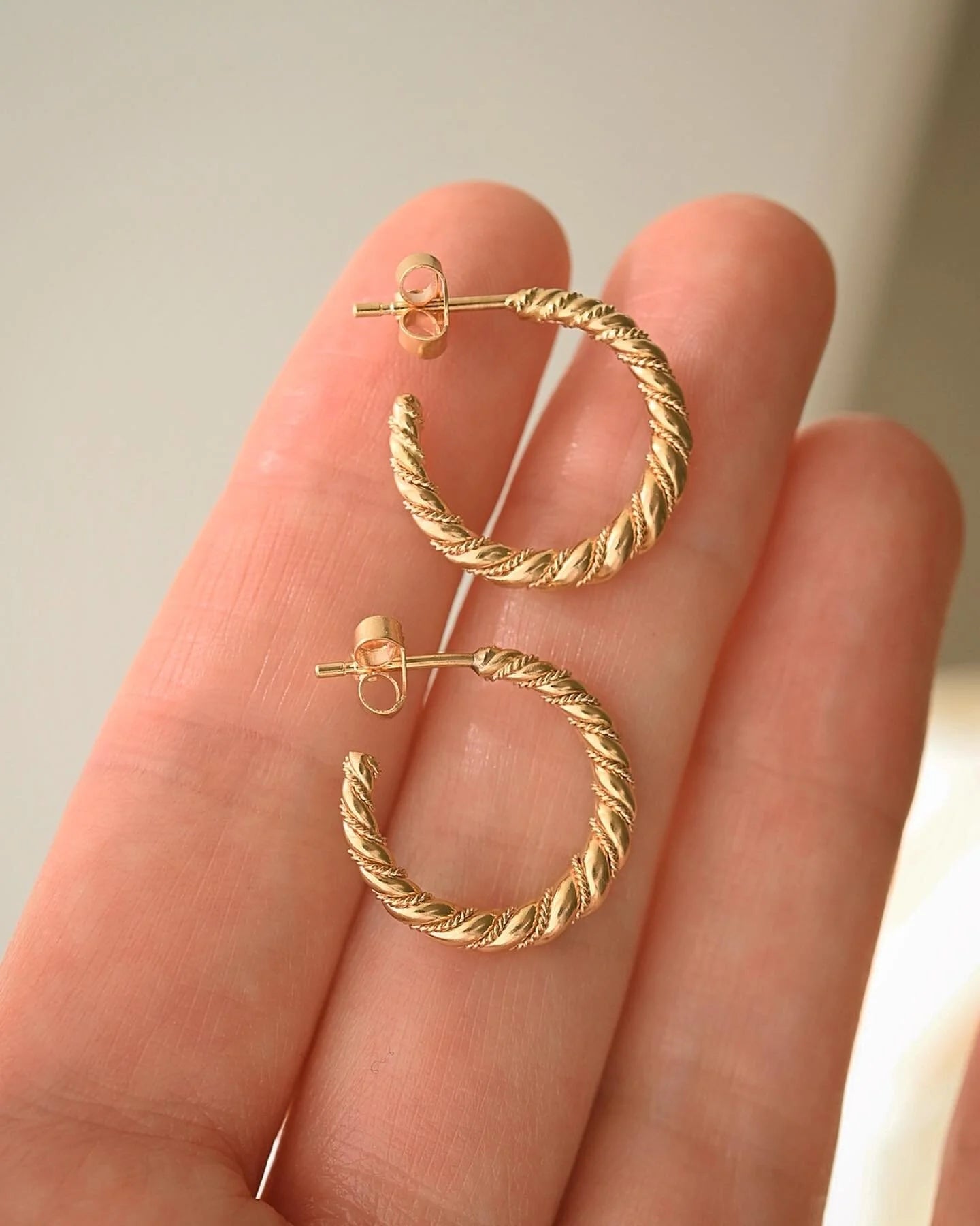 Solid Through and Through Twist Hoops 18K Gold Mid Century