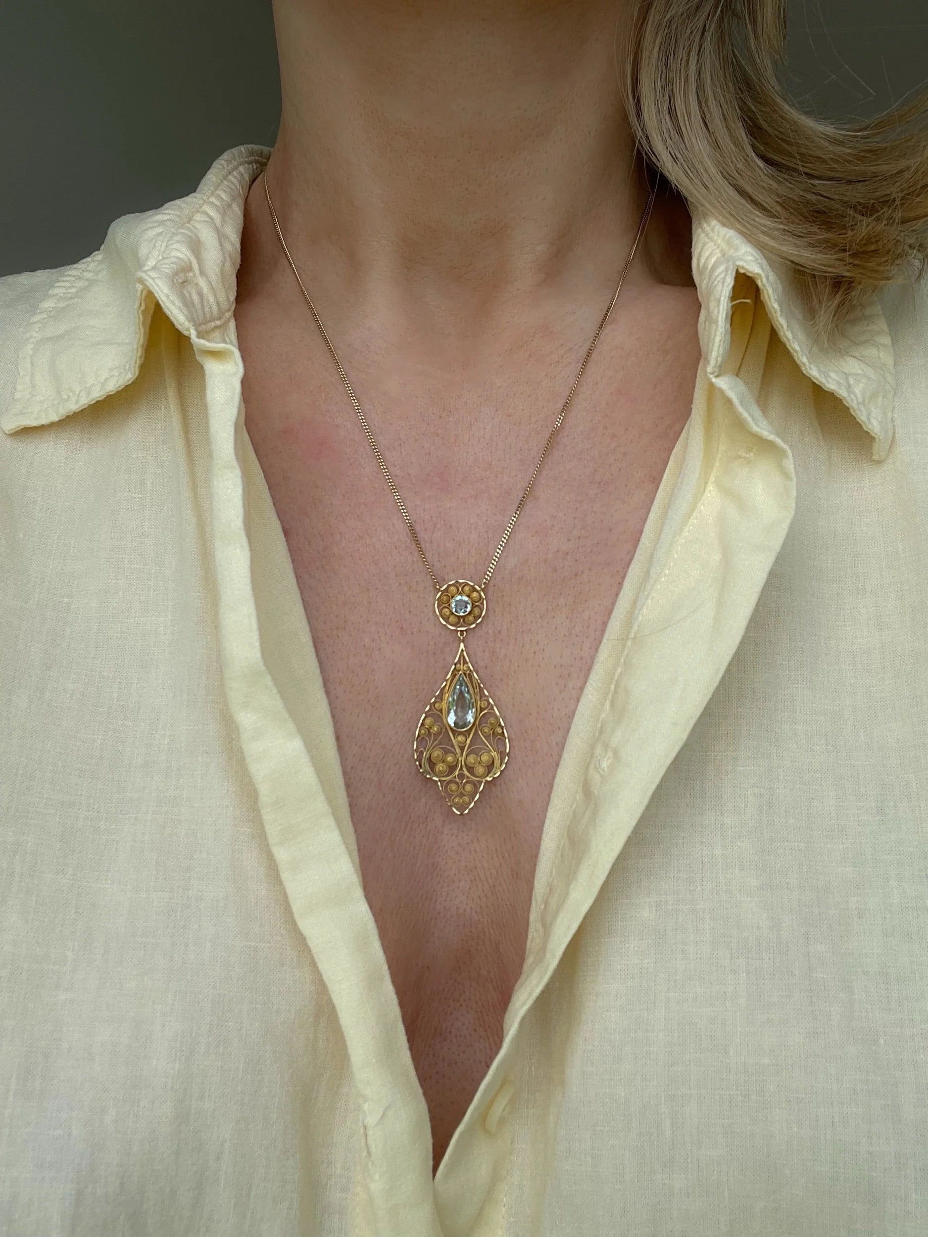 Stunning Antique Cannetille Work 125 Year-old Aquamarine Necklace 18K Gold 1921 Sweden