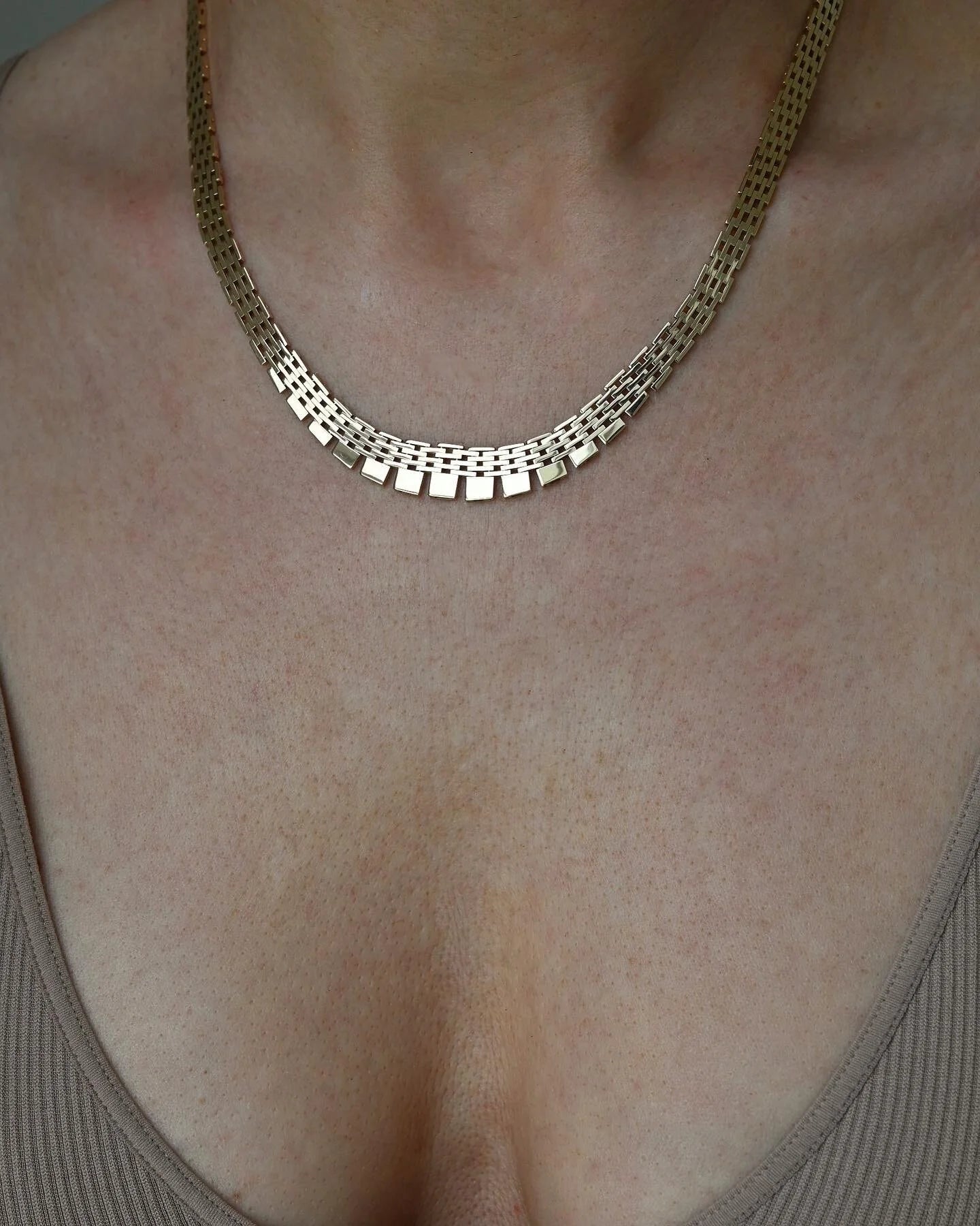 Unique Longer Brick Link Necklace 14K Gold 1960s