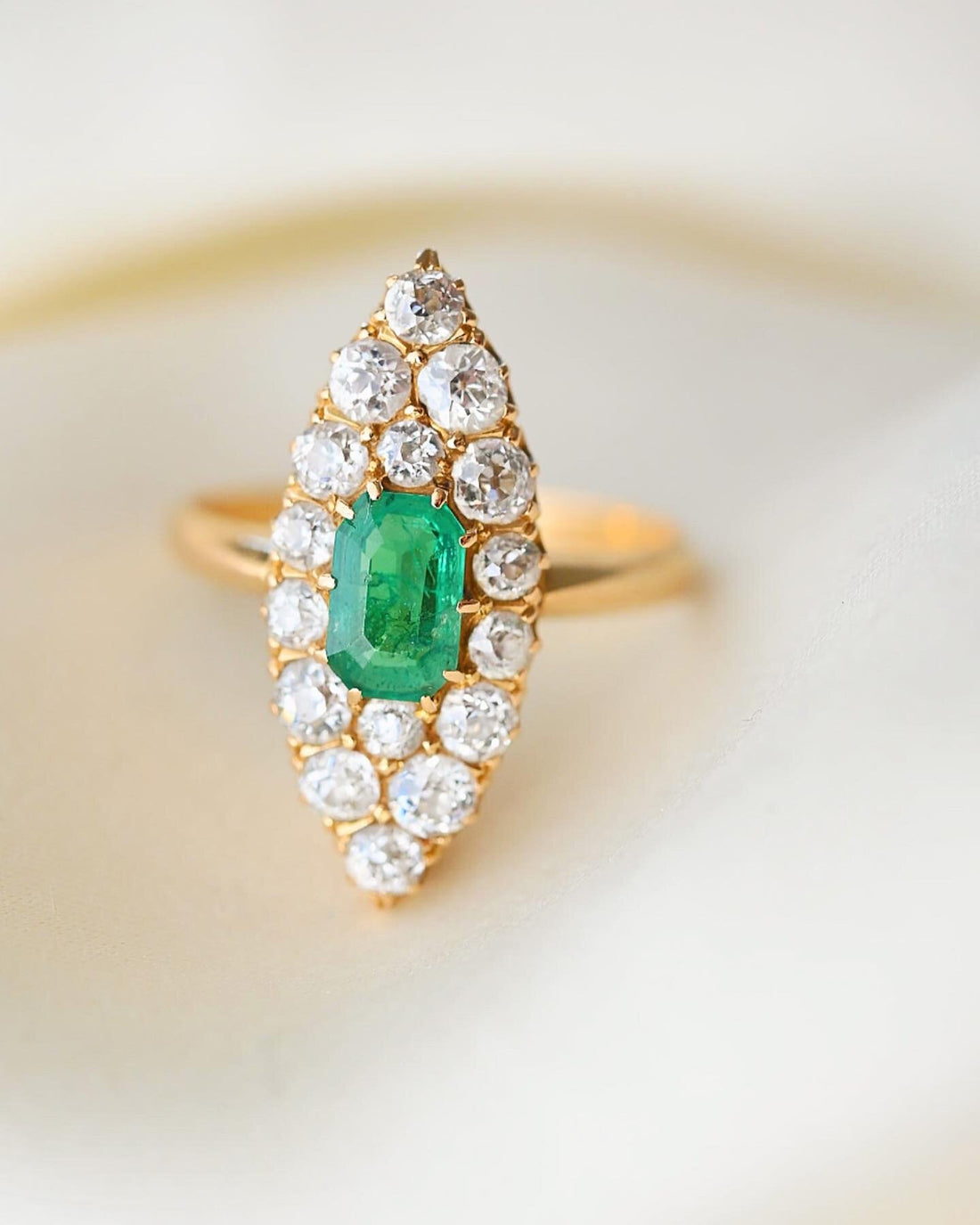Perfect Antique Navette Emerald and Diamond Ring by CG Hallberg 18K Gold 1910s