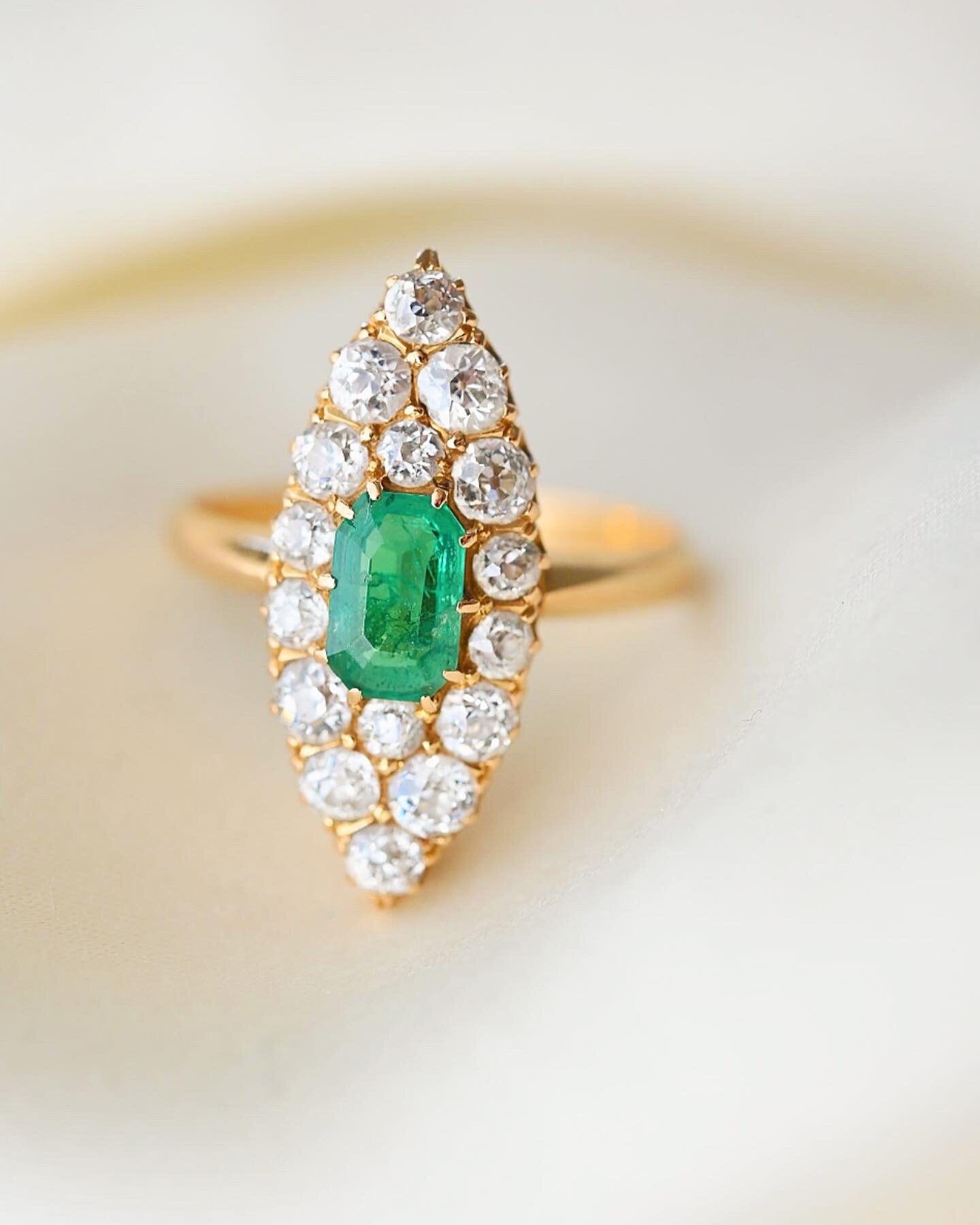 Perfect Antique Navette Emerald and Diamond Ring by CG Hallberg 18K Gold 1910s