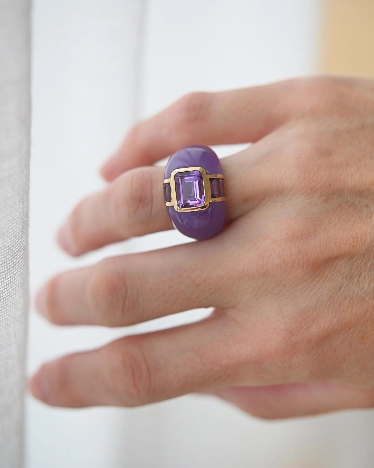Superb Vintage Lavendar Dream Cocktail Ring Jade Amethyst 14K Gold