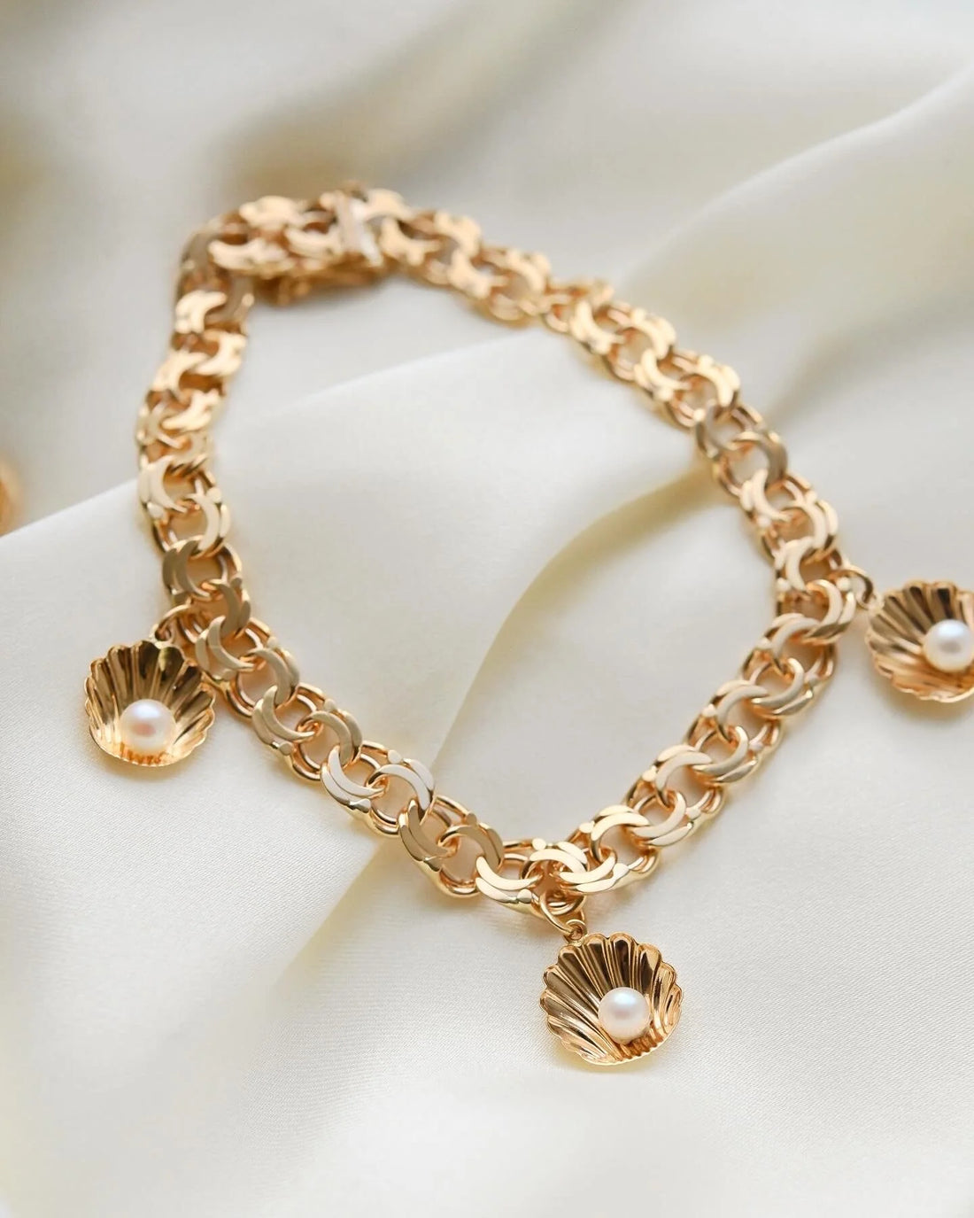 Last of Two Vintage Sea Shell Pearl Charm Bracelets 18K Gold
