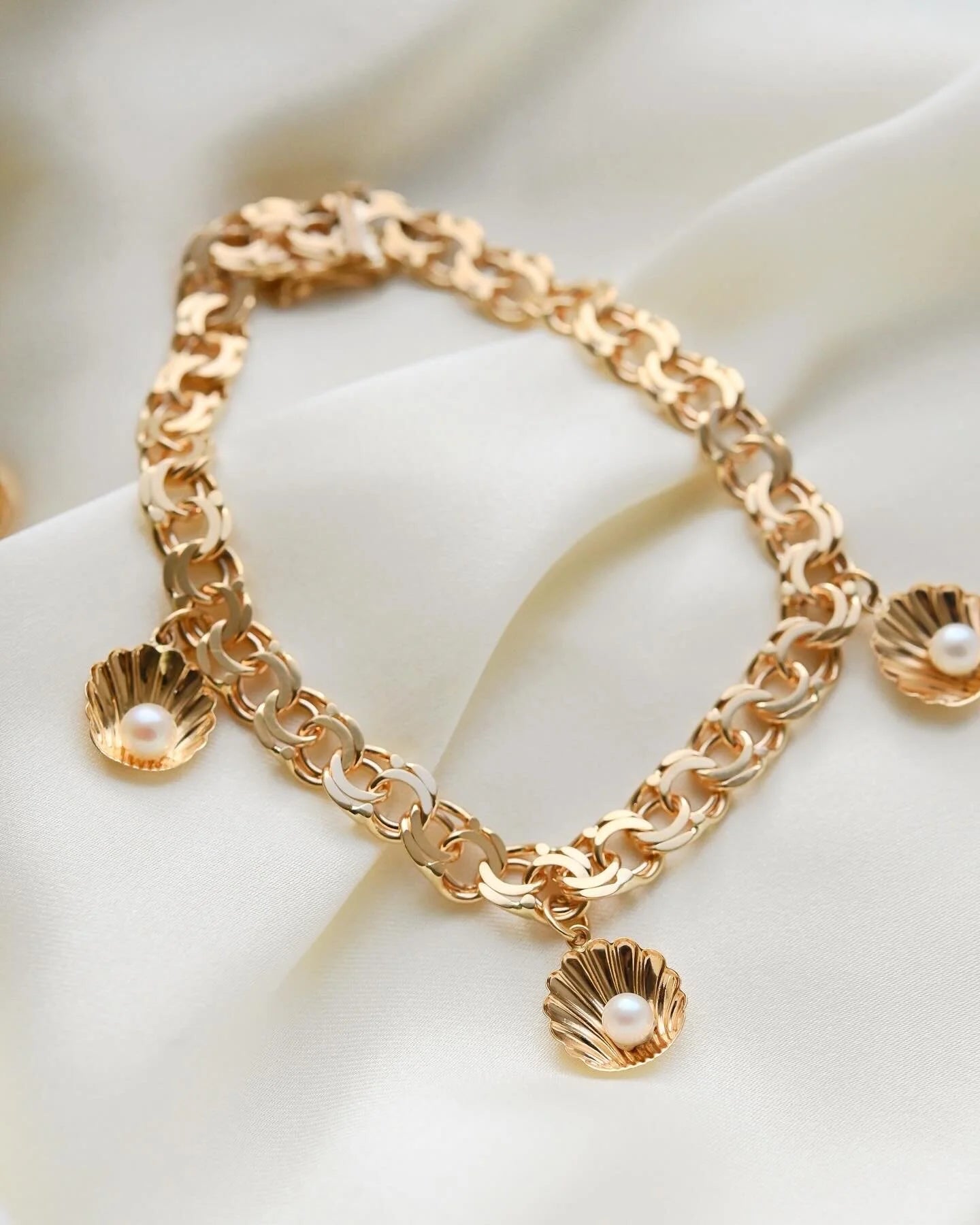 Last of Two Vintage Sea Shell Pearl Charm Bracelets 18K Gold