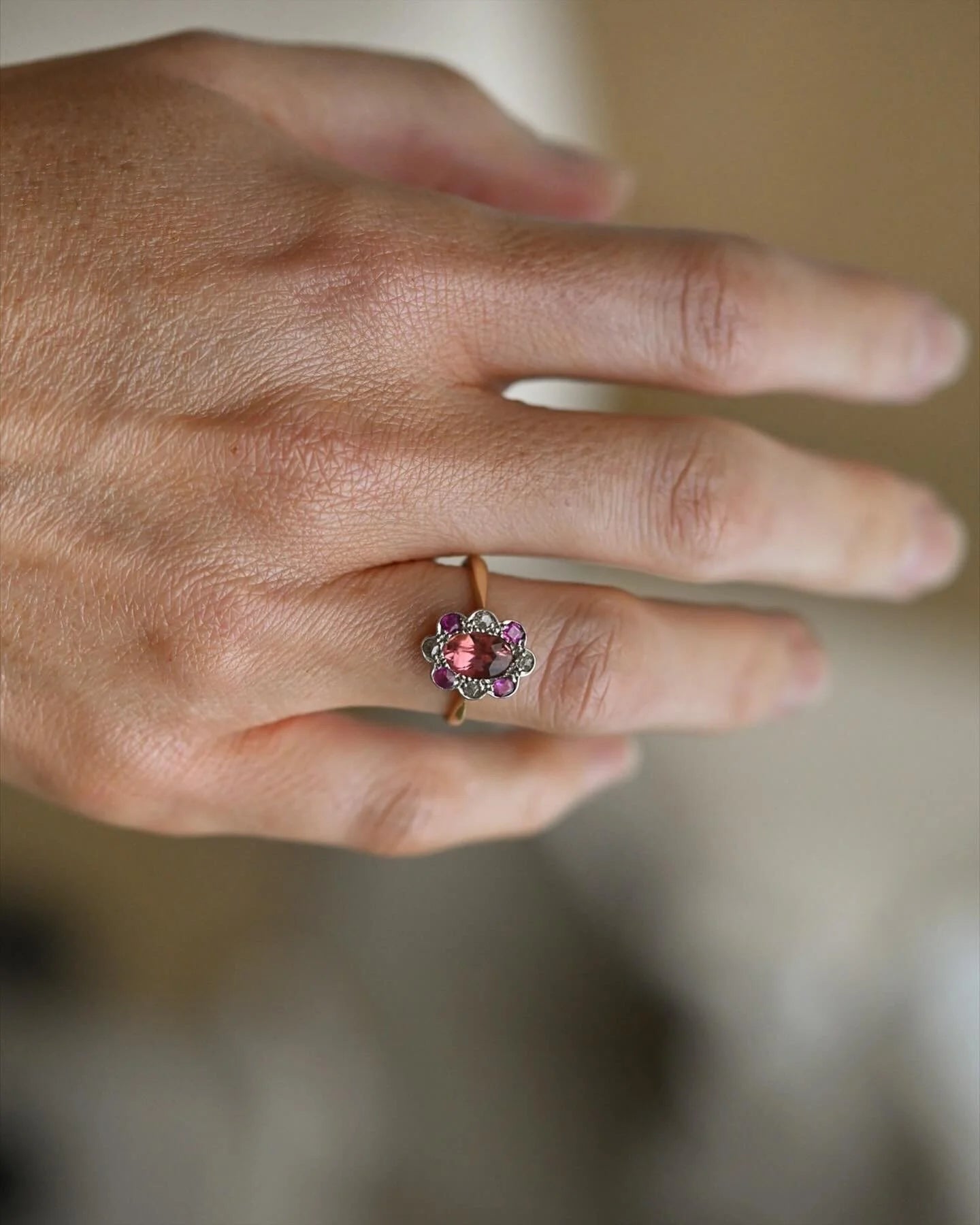 Antique Cluster Ring Tourmaline Diamond x Ruby In Platinum And 18K Gold 1920s