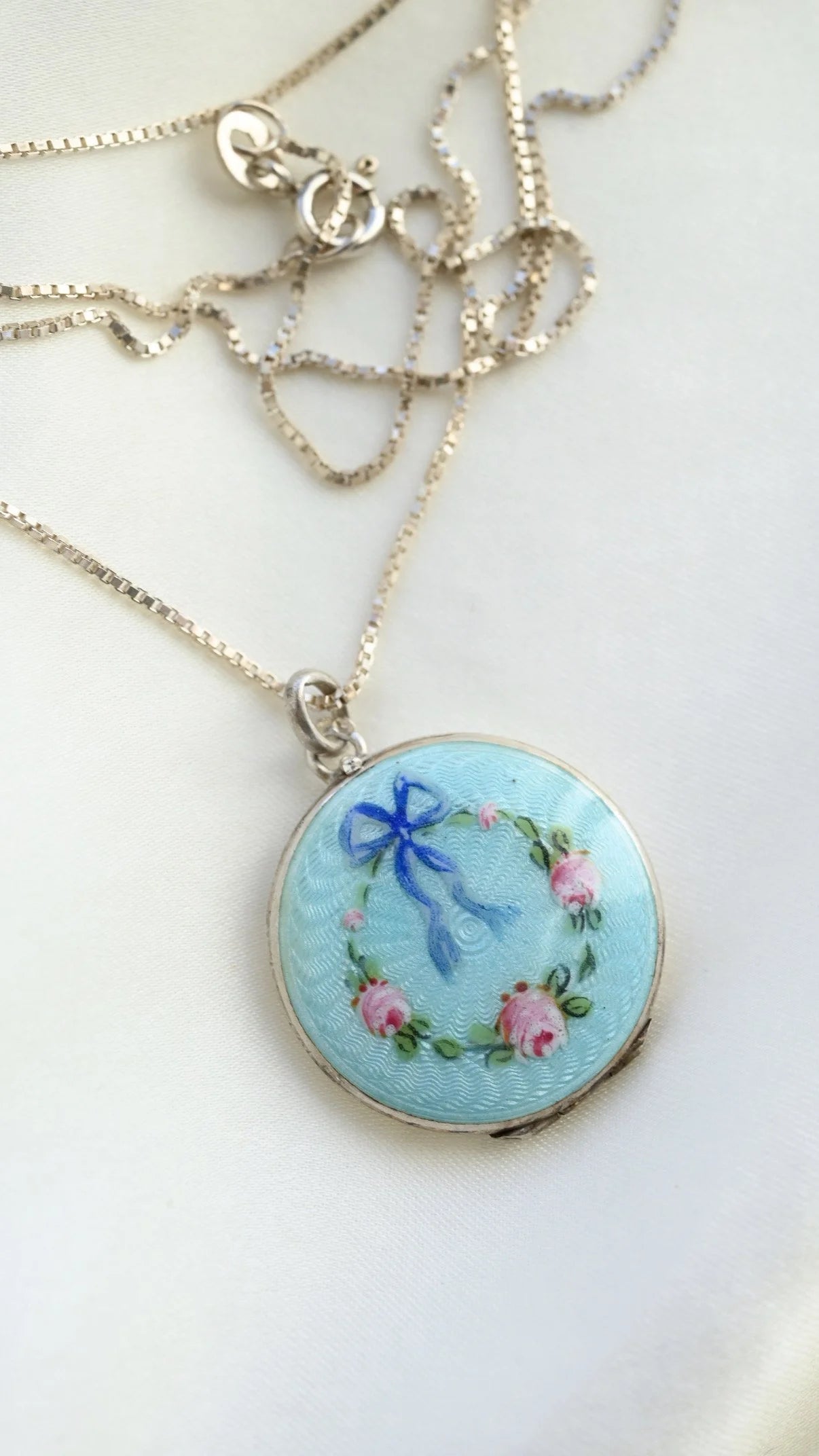 Rare Antique French  Blue Guiloché Flower Enamel Locket on Chain Silver Late 1800s