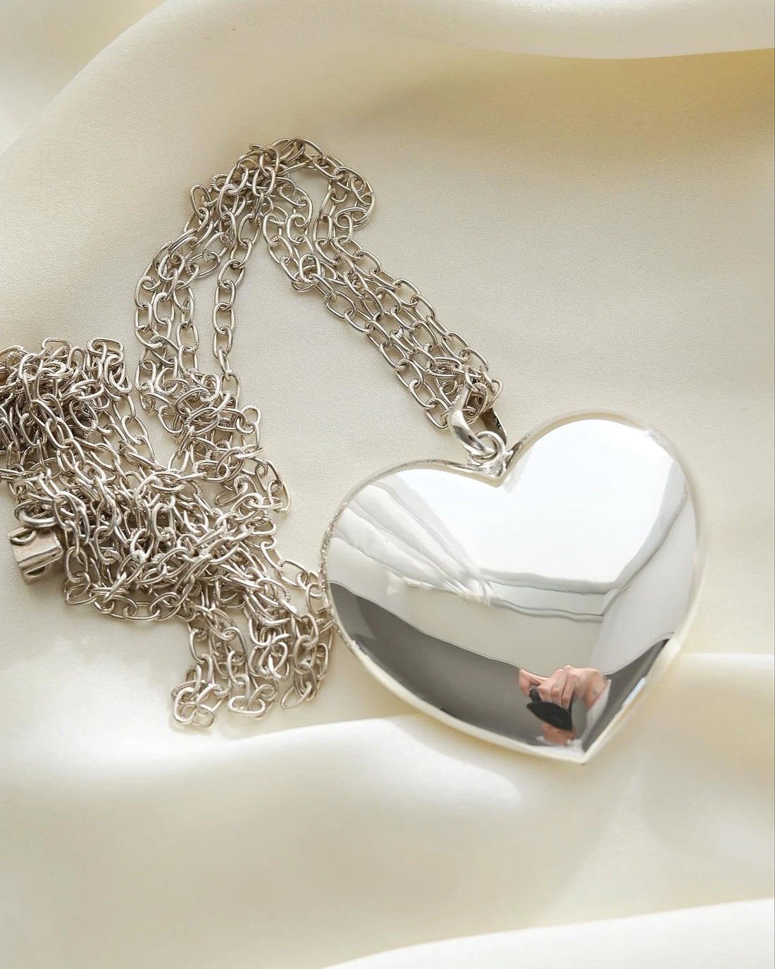 Huge 2x2 Inches Puffy Swedish Silver Heart and Chain