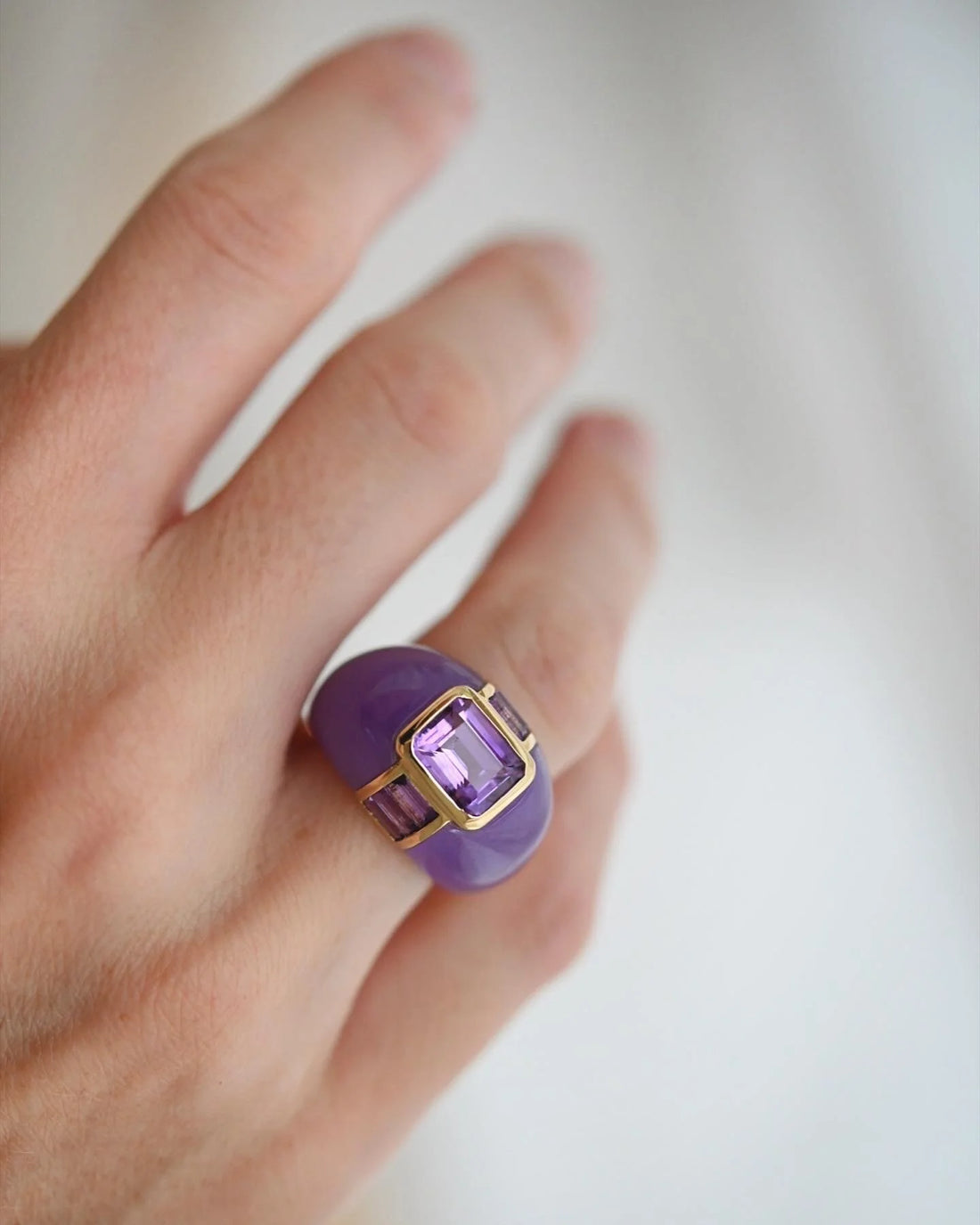 Superb Vintage Lavendar Dream Cocktail Ring Jade Amethyst 14K Gold