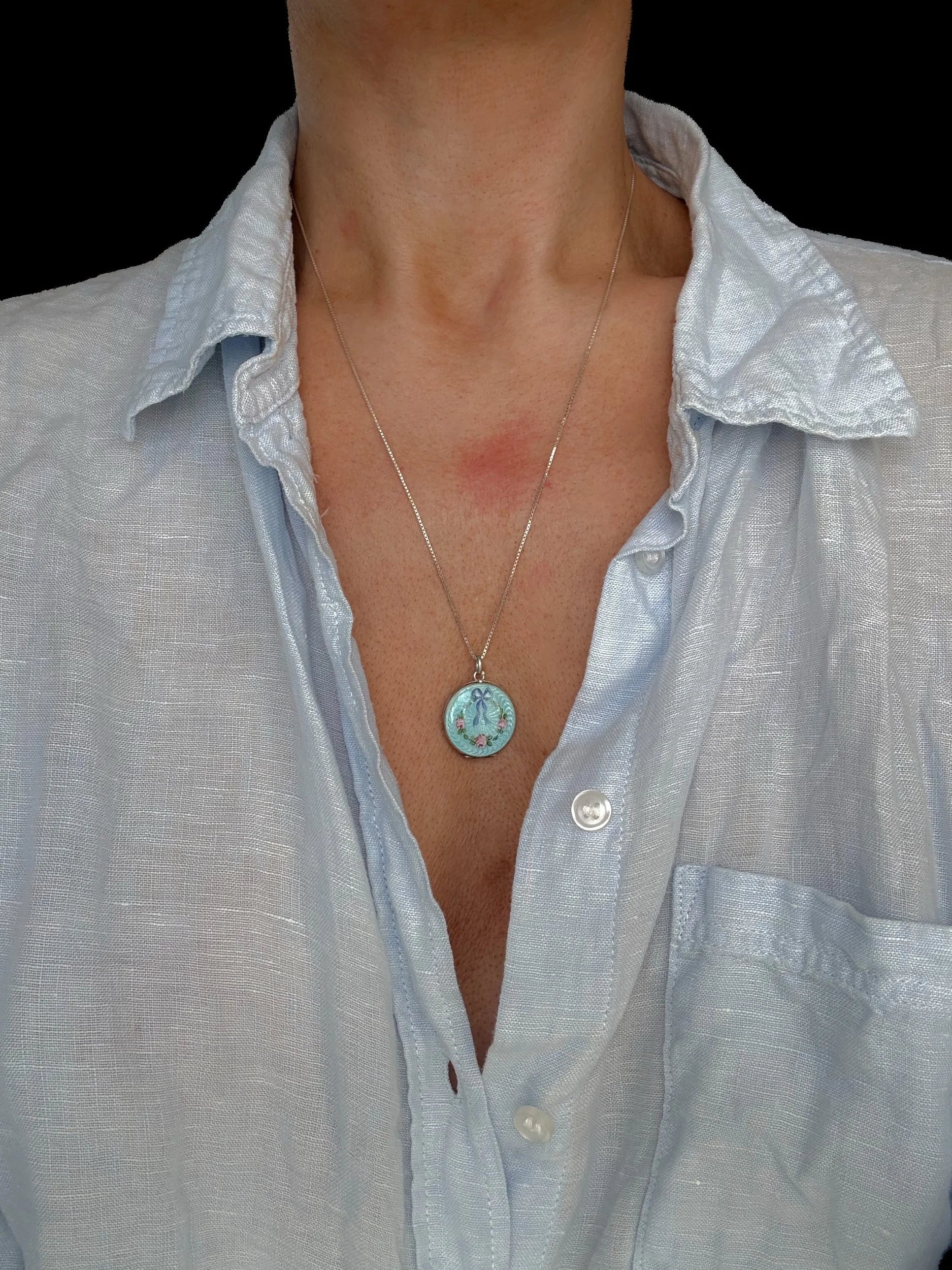 Rare Antique French  Blue Guiloché Flower Enamel Locket on Chain Silver Late 1800s