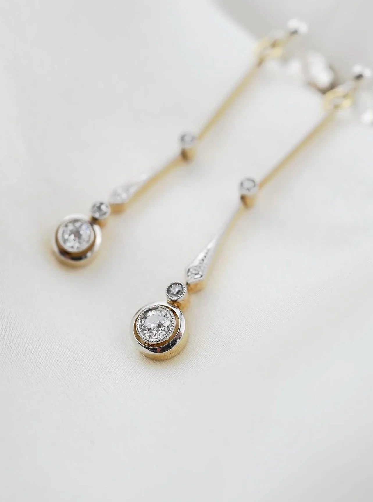 Long Architectural Antique Art Deco Diamonds Earrings 14K Gold x Silver