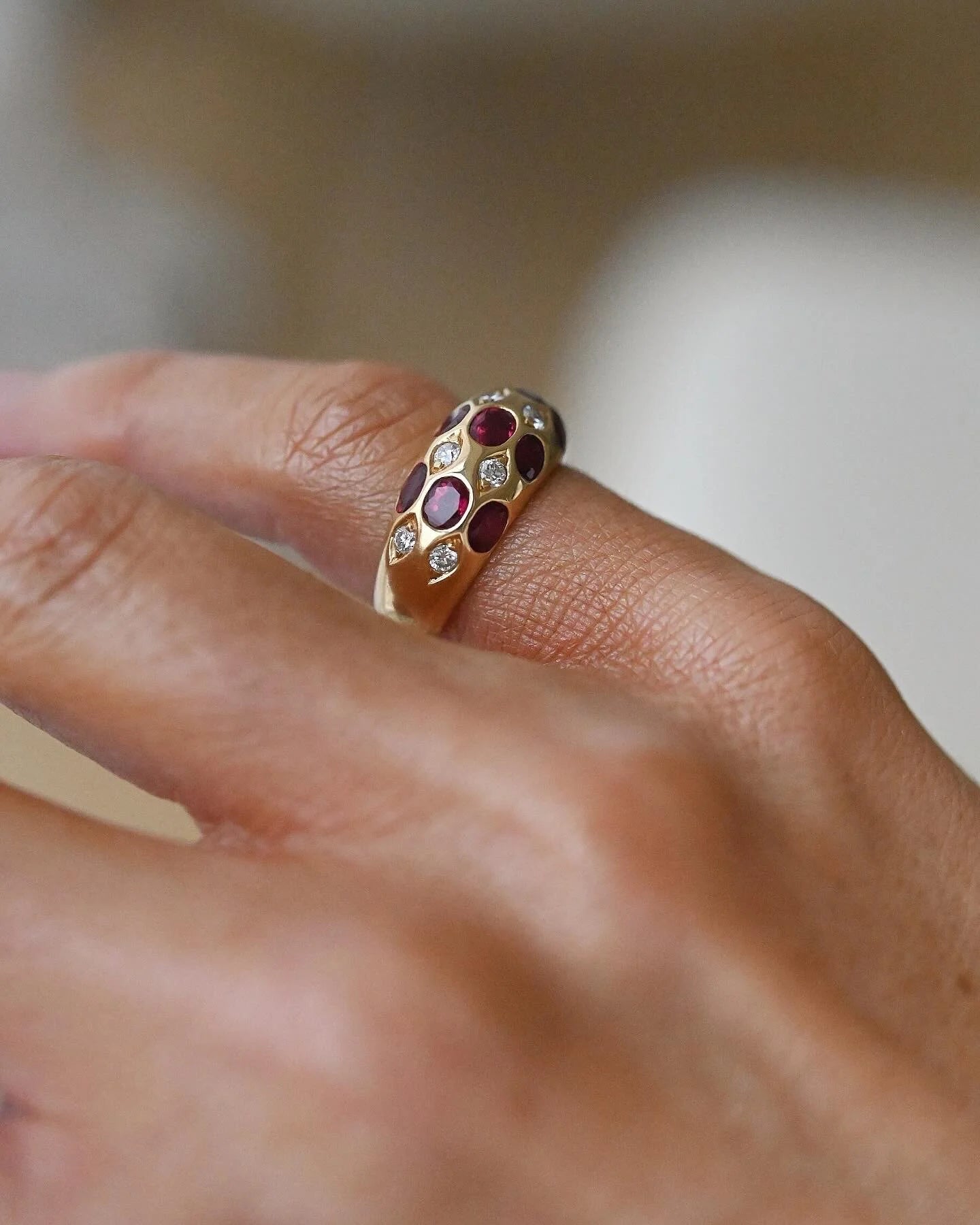 Exquisite Vintage Estate Dome Ring w Rubies and Diamonds 18K Gold