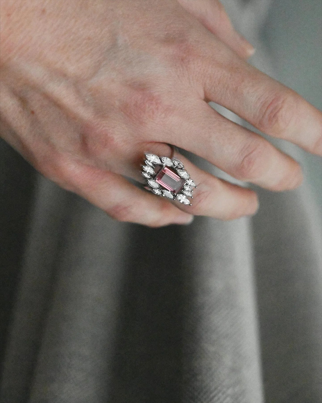 Incredible Navette Cut Diamond and Tourmaline Cocktail Ring 14K Solid White Gold