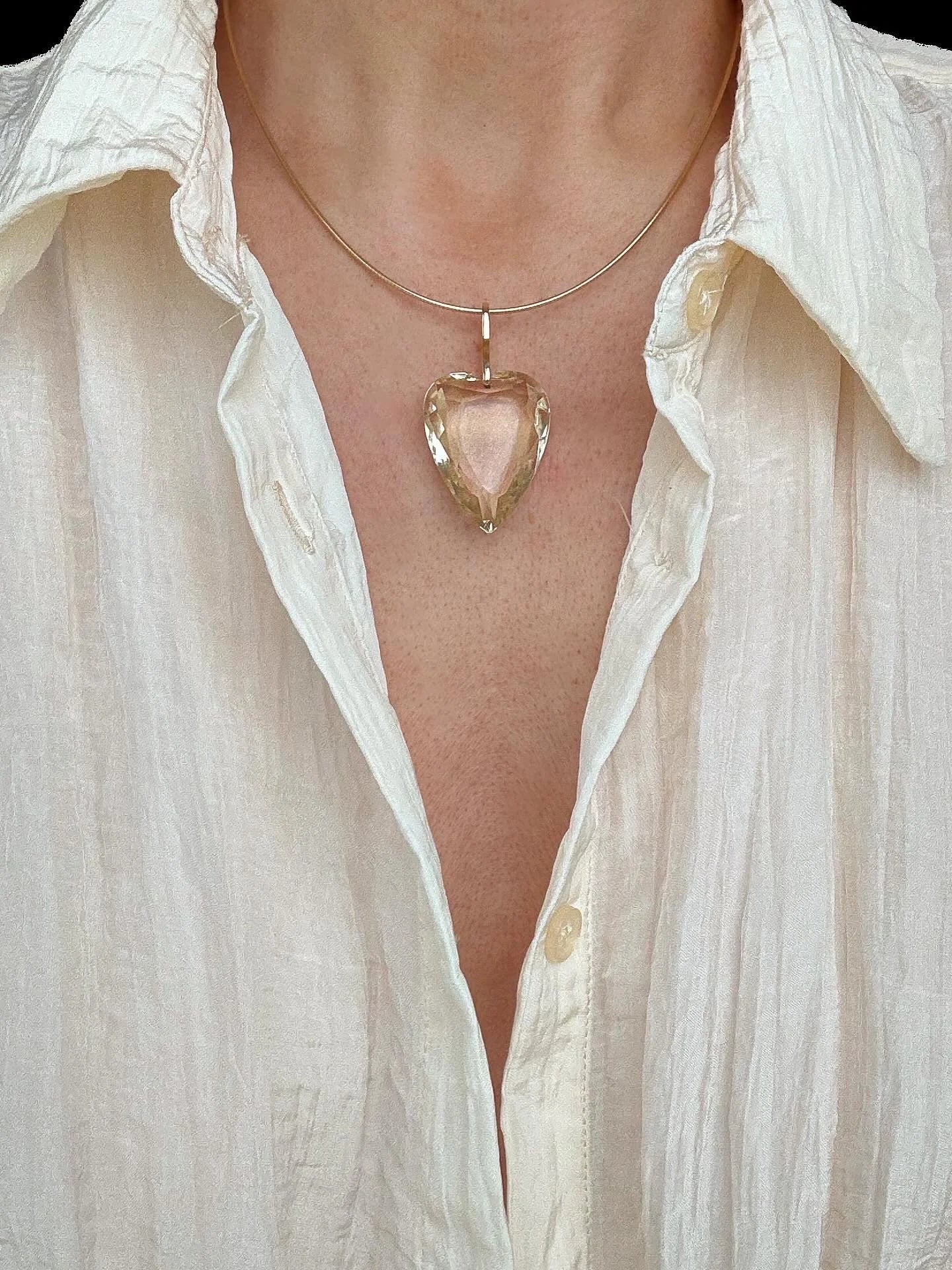 Extraordinary Huge Heart Cut Citrine Stone on Chain 14K Gold Denmark 1900s