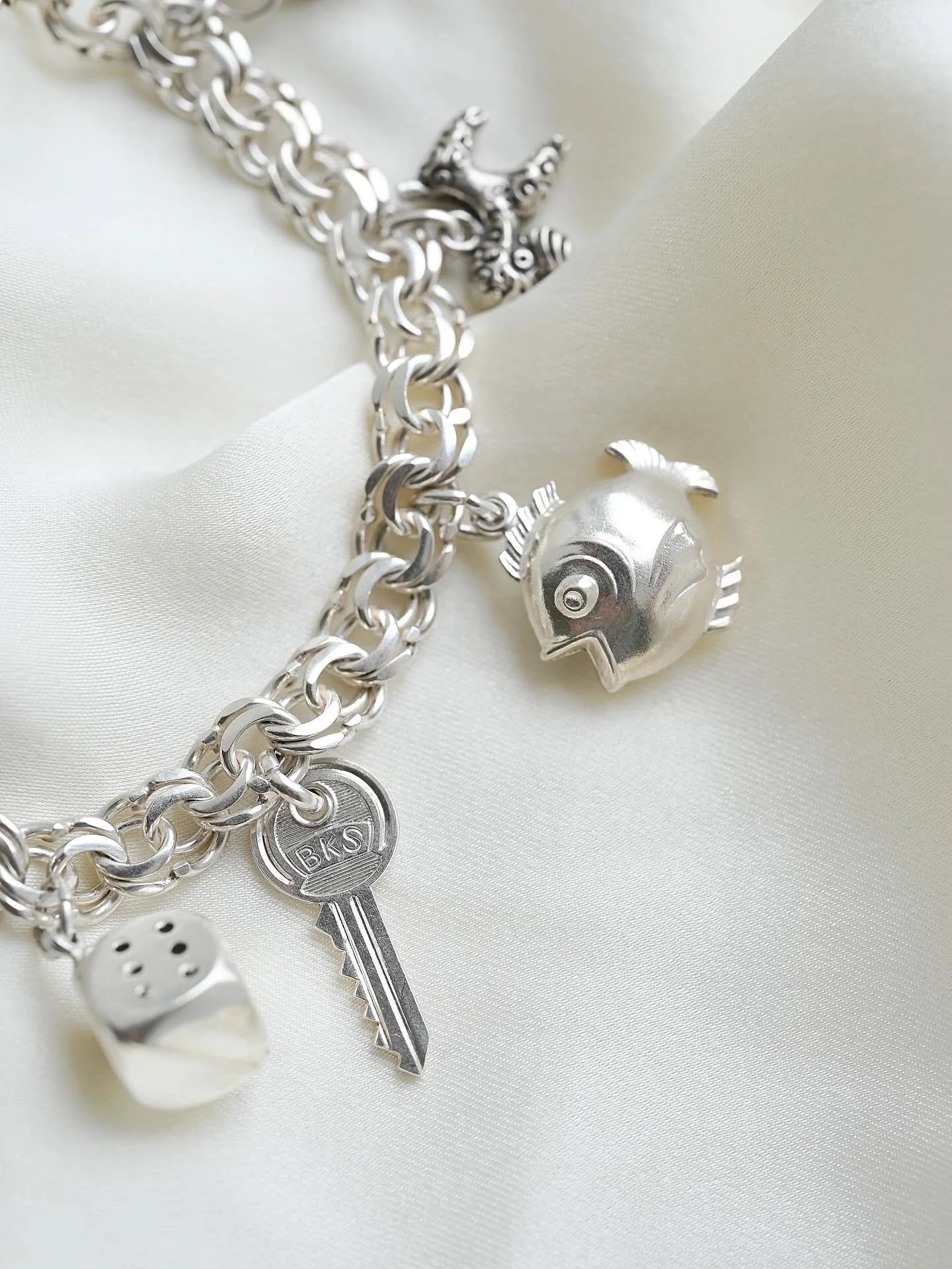 Swedish Vintage Bismarck Link Bracelet w Charms 1960 Sterling Silver