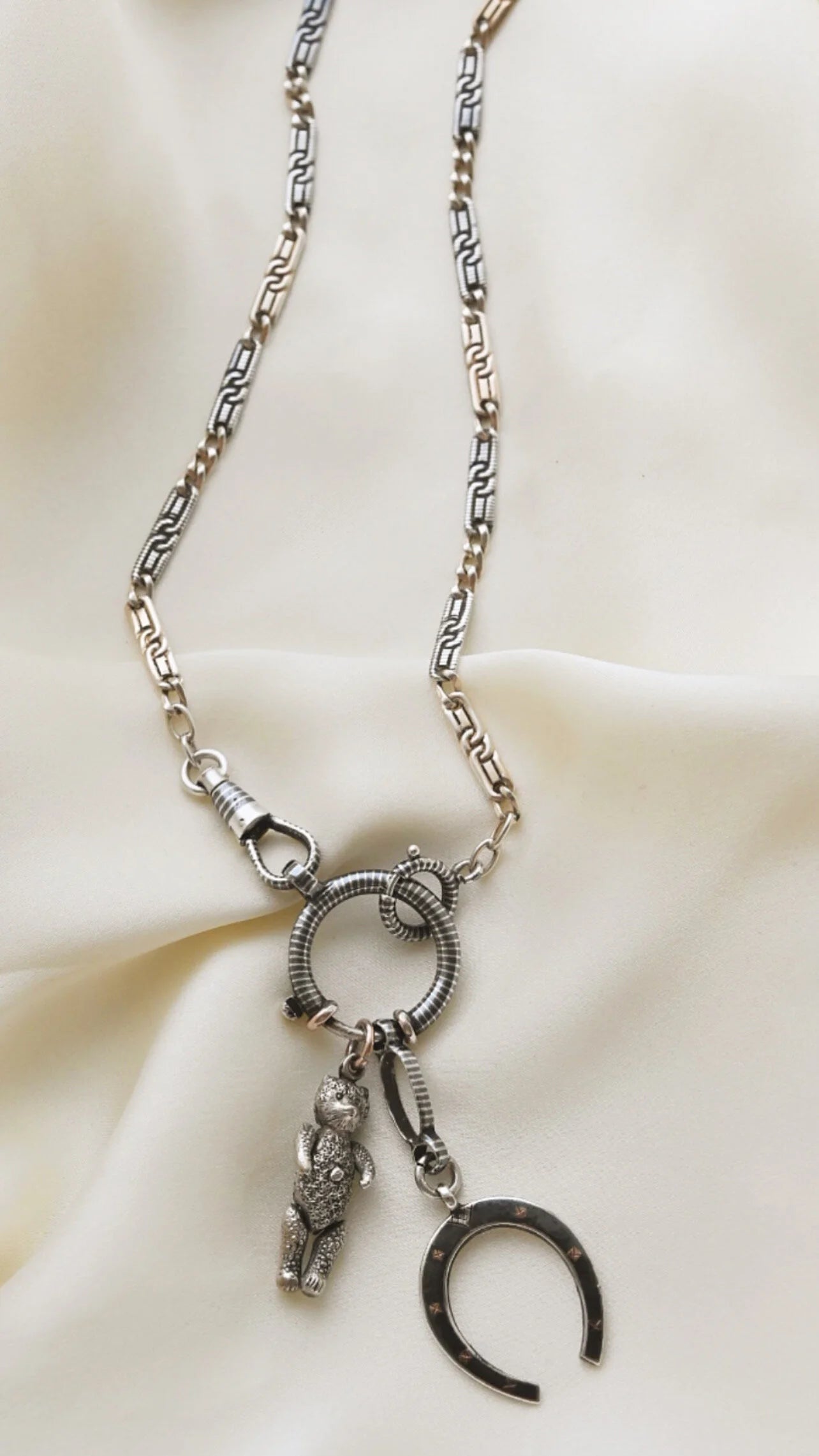 Antique Niello Silver Watch Chain w Horse Shoe and Extra Bolt Clasp 1890