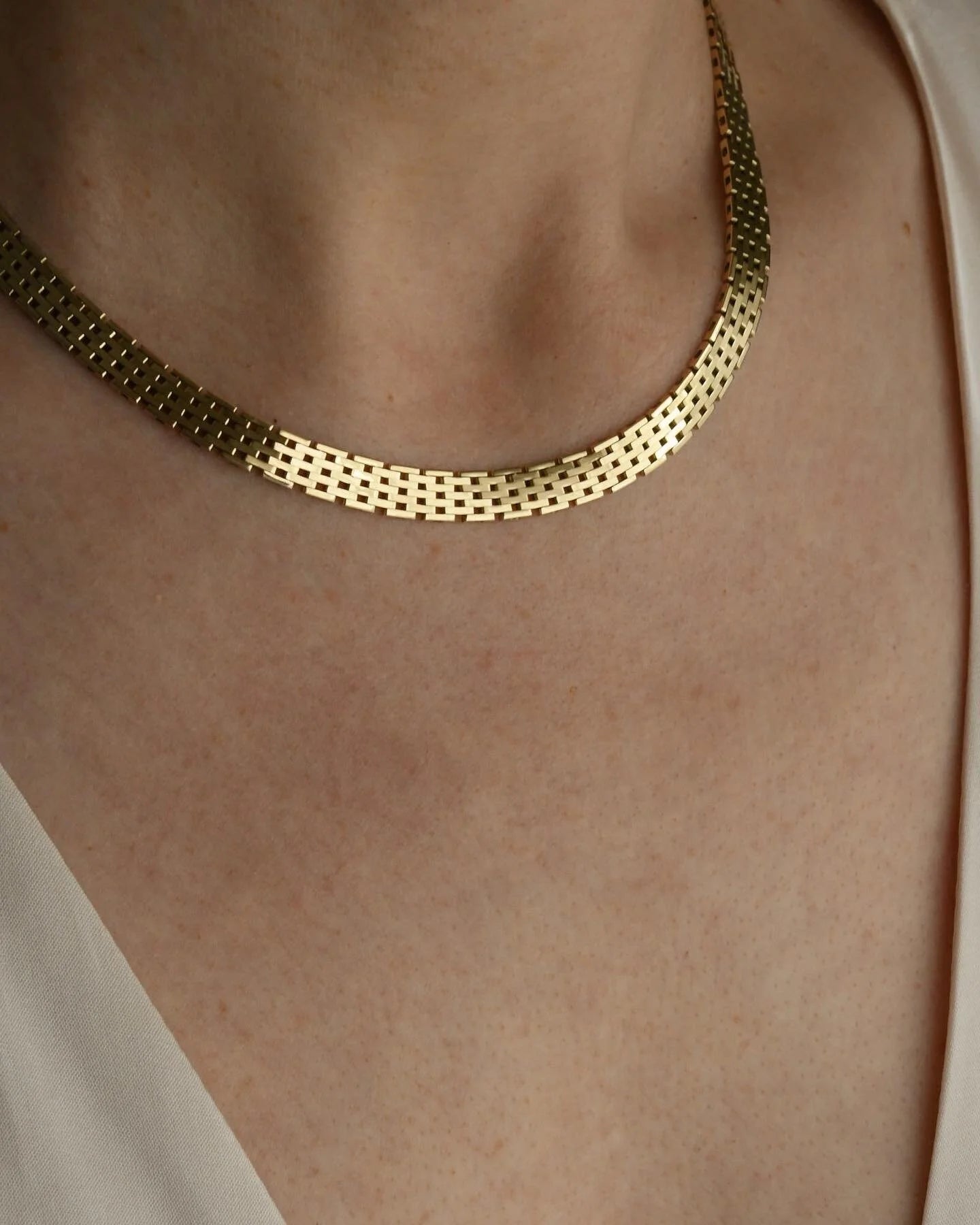 Rare Wide Danish Vintage Brick Link Necklace 14K Gold 1960s