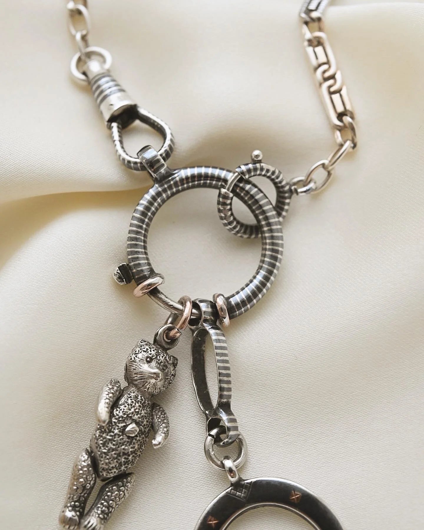 Antique Niello Silver Watch Chain w Horse Shoe and Extra Bolt Clasp 1890