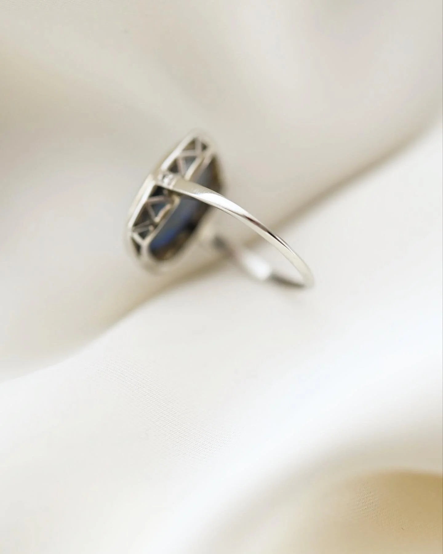 Big Antique Art Deco Ring w Opal and Diamonds 18K White Gold