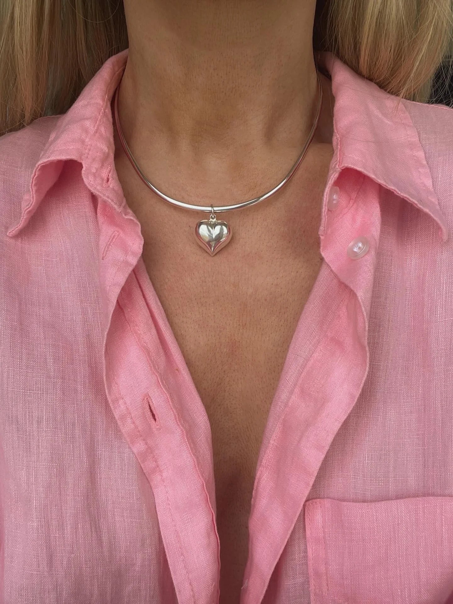 1990s Puffy Heart Charm Collar Sterling Silver Denmark