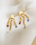 Shipping included! Cute Moon and Sapphire Cascade Earrings 18K Gold
