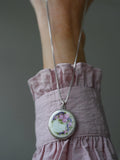 Antique French Flower Enamel Locket Pink Roses Purple Ribbon Silver + Complimentary Chain