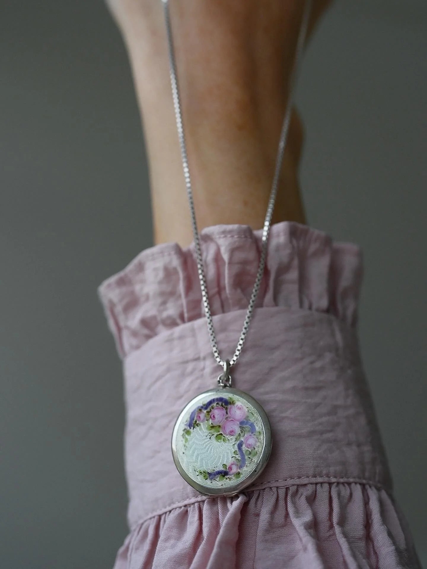 Antique French Flower Enamel Locket Pink Roses Purple Ribbon Silver + Complimentary Chain