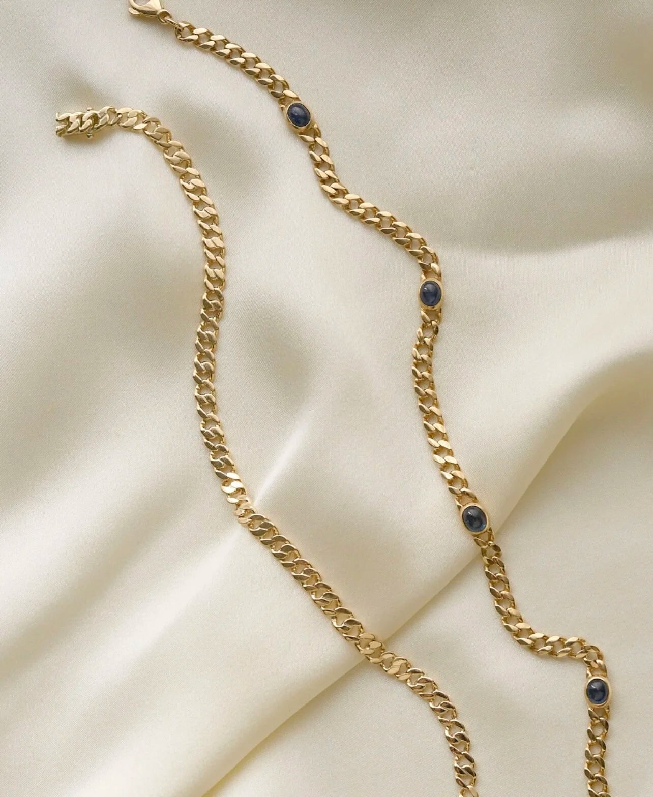 Vintage Curb Link Bracelet or Chain Extender w Sapphires 14K Gold 1980s