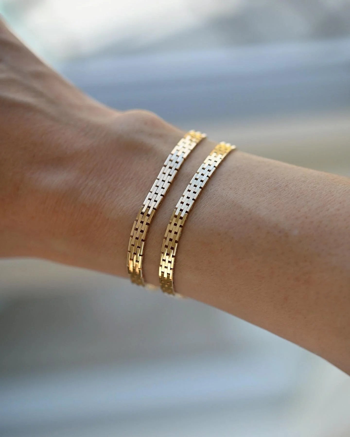 Two Rare Danish Vintage Slimmer Brick Link Bracelets 14K Gold 1960-70