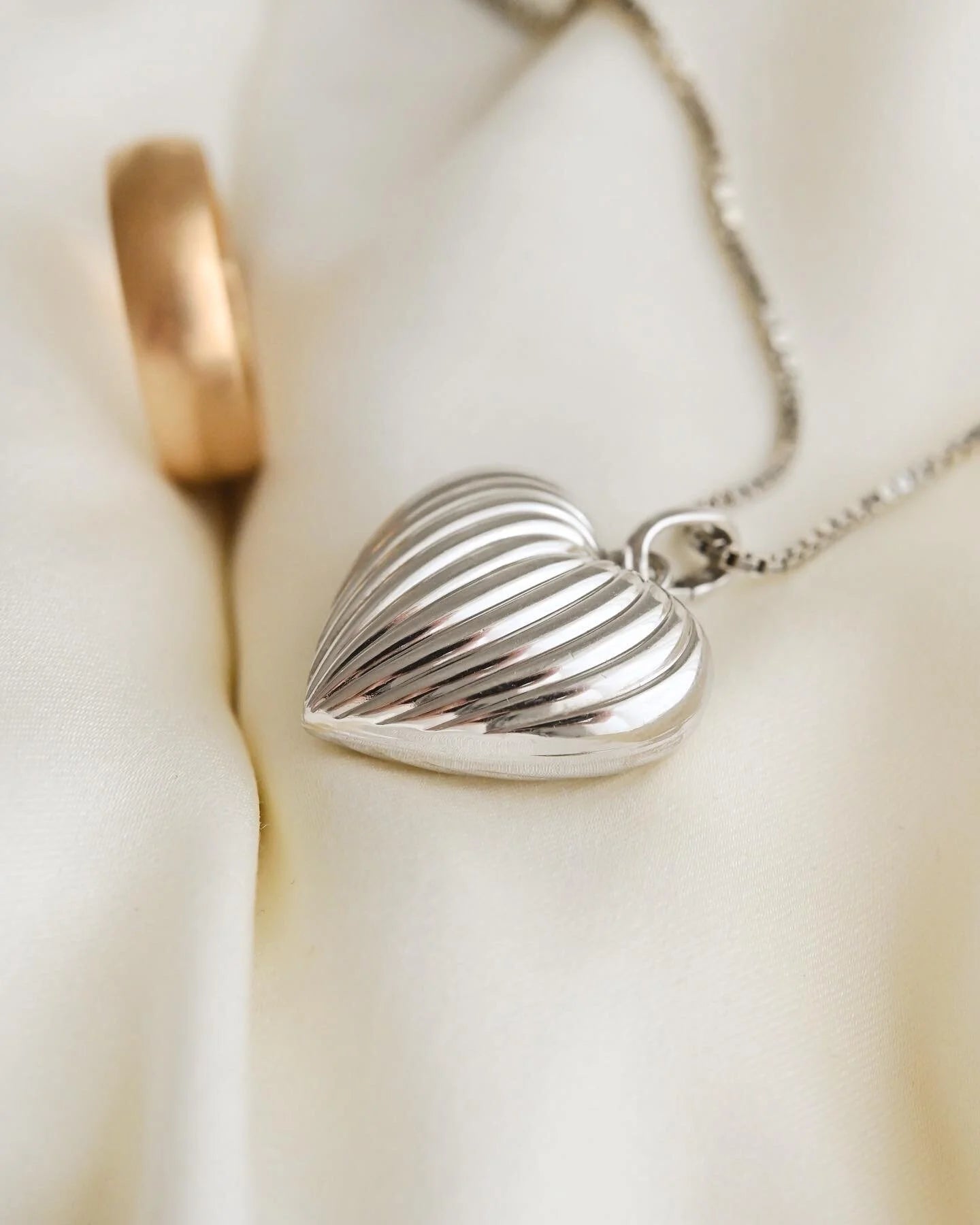 Swedish Vintage Silver Puffy Heart Pendant on Long Silver Chain