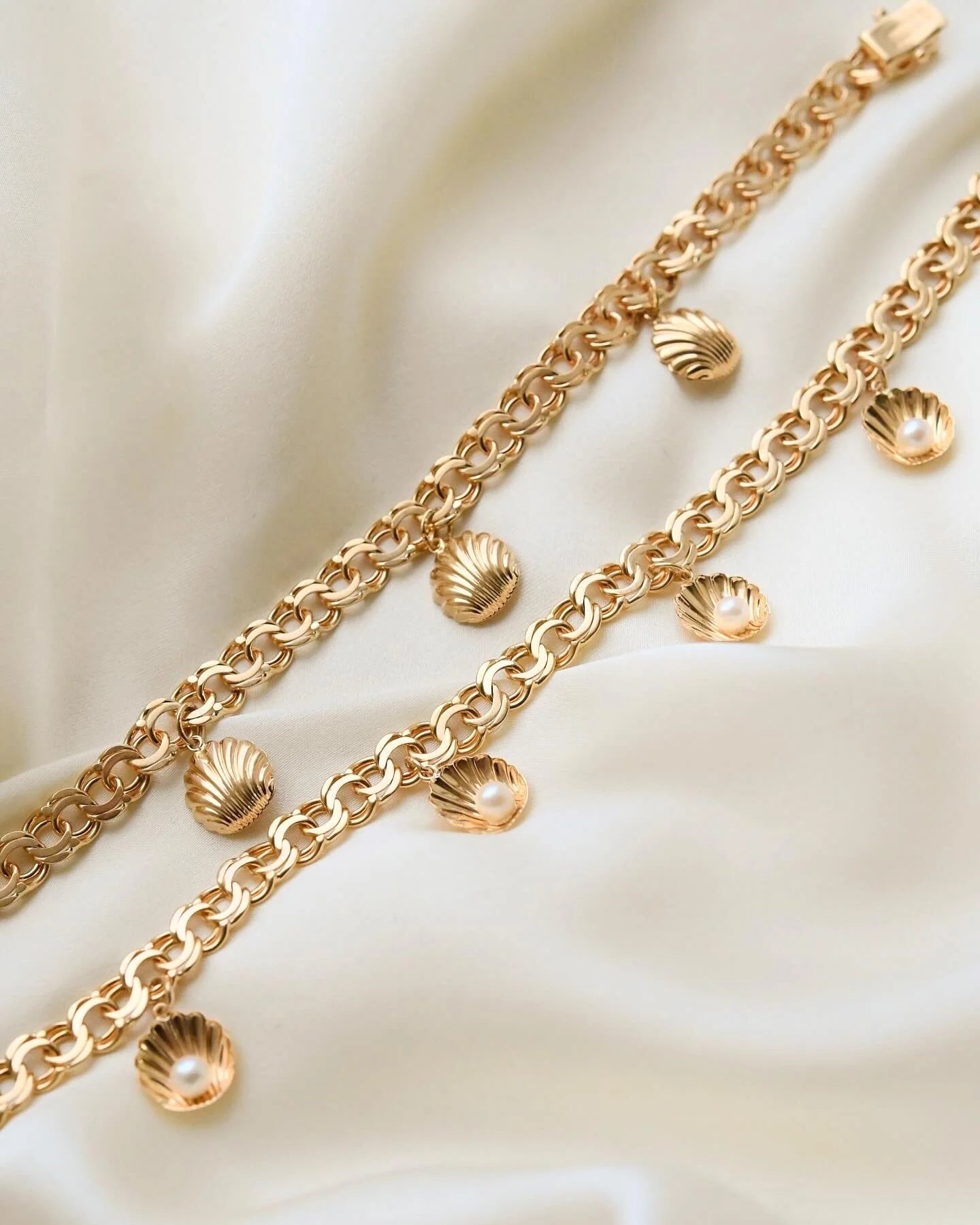 Last of Two Vintage Sea Shell Pearl Charm Bracelets 18K Gold