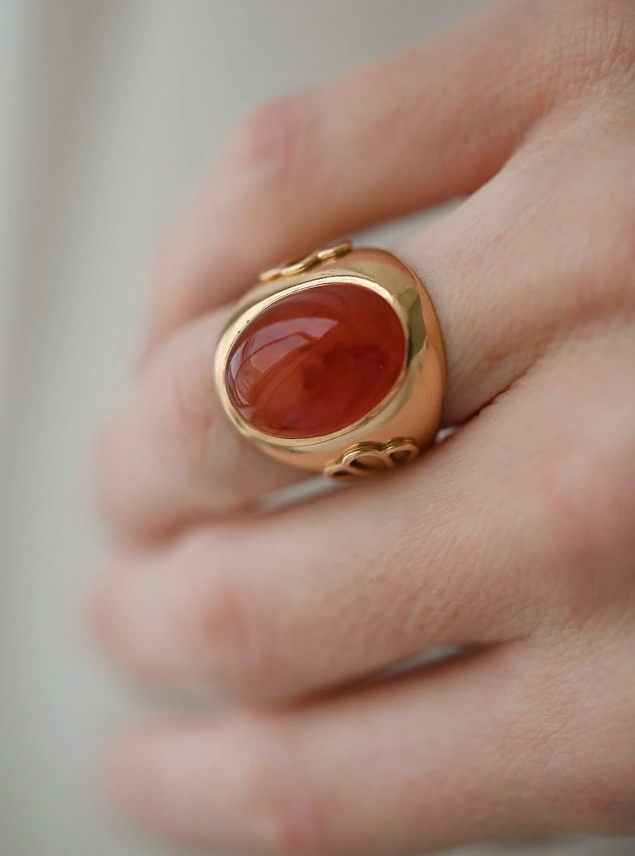 Luscious Antique Orange Agate Cabochon Ring 18K Gold