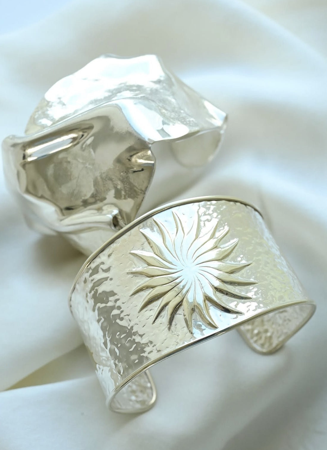Stunning Vintage Hammered Silver Cuff with Gilt Sun