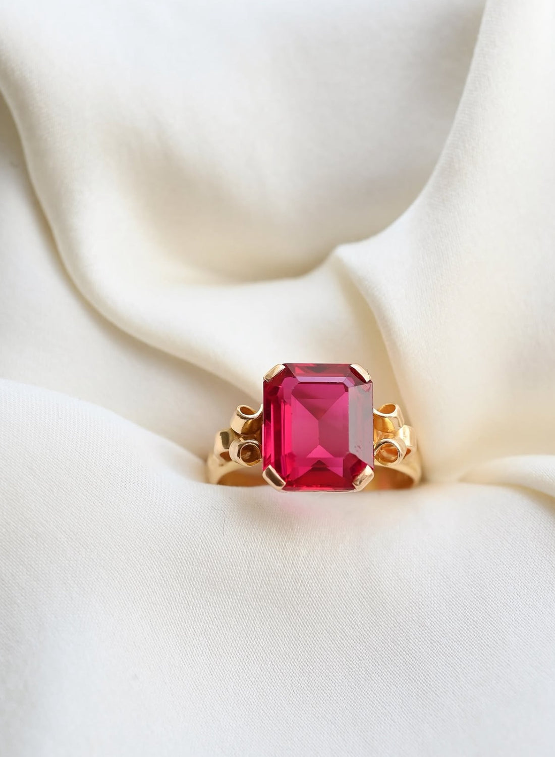 The antique cherry red lab created ruby ring seen straight on, resting on ivory silk